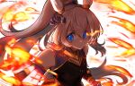  1girl animal_ears bare_shoulders black_shirt blue_eyes breasts commentary detached_sleeves ear_covers eye_trail fire grey_hair highres horse_ears horse_girl light_trail long_hair looking_at_viewer obaa-chan_(golden_retriever) official_alternate_costume ponytail shirt sleeveless sleeveless_shirt small_breasts solo tamamo_cross_(raging_thunder)_(umamusume) tamamo_cross_(umamusume) umamusume untranslatable_commentary upper_body very_long_hair 