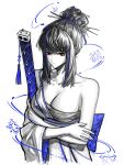  1girl an233gle back_bow black_hair blue_bow bow breasts chest_sarashi closed_mouth collarbone commentary crossed_arms english_commentary expressionless hair_bun hair_ornament hair_stick highres holding holding_sword holding_weapon japanese_clothes kimono large_breasts limbus_company looking_at_viewer multicolored_hair ootachi project_moon red_eyes sarashi shiomi_yoru_(project_moon) sidelocks simple_background solo streaked_hair sword weapon white_kimono 
