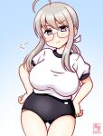  1girl alternate_costume alternate_hairstyle ass_visible_through_thighs black_buruma blue_background blue_eyes breasts buruma commentary_request cowboy_shot glasses gradient_background grey_hair gym_shirt gym_uniform hands_on_own_hips heywood_l._edwards_(kancolle) kanon_(kurogane_knights) kantai_collection large_breasts looking_at_viewer low_ponytail one-hour_drawing_challenge panties panties_under_buruma ponytail puff_of_air shirt sidelocks smile smug solo standing t-shirt underwear white_shirt 