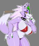 2026 anthro big_breasts bikini biped breasts canid canine canis clothing collar colored digital_media_(artwork) dipstick_tail female female_anthro fingers five_nights_at_freddy's five_nights_at_freddy's:_security_breach fur grey_background grey_hair hair half-closed_eyes hi_res huge_breasts looking_at_viewer mammal markings narrowed_eyes nipple_outline outline pensative pointy_ears prick_ears purple_body purple_fur red_bikini red_bikini_bottom red_bikini_top red_clothing red_swimwear roxanne_wolf ryuuuk scottgames side_boob simple_background solo spiked_collar spikes steel_wool_studios swimwear tail tail_markings two-piece_swimsuit wolf