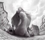  1girl barefoot barusuthegoat braid building cape cart commentary english_commentary feet fisheye foot_focus from_below giant giantess highres looking_at_viewer meili_portroute monochrome outdoors people perspective re:zero_kara_hajimeru_isekai_seikatsu revision sky smile soles standing town worm's_eye_view 