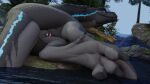 16:9 3_fingers anus asttorad black_body blue_eyes body_in_vagina body_inside body_inside_body claws curling_toes dinosaur duo feet female female_feral feral fingers genitals hi_res hindpaw interceptor lizard male male/female paws penis plant prehistoric_species reptile scalie size_difference tail toe_claws unbirthing vaginal vore vulva widescreen ziina