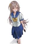  1girl absurdres blouse blue_sailor_collar blue_serafuku blue_skirt blue_trim bow bowtie breast_pocket brown_eyes brown_hair cellphone chinese_commentary closed_mouth commentary_request h2o_pipe hair_between_eyes highres holding holding_phone invisible_floor light_blush long_hair looking_at_viewer one_side_up original phone pleated_skirt pocket sailor_collar school_uniform scrunchie serafuku shadow shirt short_sleeves simple_background skirt smartphone solo very_long_hair walking walking_towards_viewer white_background white_shirt yellow_bow yellow_bowtie yellow_scrunchie 