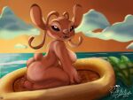 2026 4_fingers alien angel_(lilo_and_stitch) antennae_(anatomy) antennae_markings anthro anthrofied artist_logo back_markings biped breasts butt disney ear_markings english_description experiment_(lilo_and_stitch) eyelashes female fingers fur head_tuft hi_res kneeling lilo_and_stitch logo looking_at_viewer markings nude nude_anthro nude_female open_mouth open_smile outside pink_body pink_fur pool_toy purple_markings purple_nose purple_tongue sea small_tail smile solo tail thebmeister tongue tuft water wet
