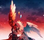  2girls absurdres animal_ears belt black_gloves blue_sky braid closed_eyes clothing_cutout cloud commentary_request crying falling_petals feathered_wings feathers feng_juzhu_de_jiedao fingerless_gloves gloves hair_ornament hair_scrunchie hat highres horse_ears horse_girl horse_tail hug jacket long_hair mejiro_mcqueen_(end_of_the_skies)_(umamusume) mejiro_mcqueen_(umamusume) mini_hat mini_top_hat multiple_girls official_alternate_costume orange_sky petals ponytail purple_hair red_jacket red_wings scrunchie shoulder_cutout sitting sky tail tokai_teio_(beyond_the_horizon)_(umamusume) tokai_teio_(umamusume) top_hat umamusume white_gloves white_hat white_jacket white_wings wings 