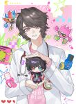  2boys animification binary black_hair blue_eyes capelet coat commentary gamer_driver gashat_gear_dual grin heart heterochromia highres houjou_emu kamen_rider kamen_rider_ex-aid kamen_rider_ex-aid_(series) lab_coat layered_sleeves long_sleeves looking_at_viewer male_focus mighty_(kamen_rider_ex-aid) mighty_action_x_gashat multiple_boys open_clothes open_coat outstretched_arm parad pill pink_eyes pink_shirt red_eyes rider_belt rider_gashat shirt short_hair smile stethoscope_around_neck userkkkky white_coat 