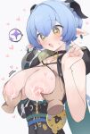  1girl black_choker black_horns blue_hair blush breasts breasts_out choker commentary disembodied_hand grabbing_another's_breast groping hands_up hetero highres hone_kawa horns lactation large_breasts long_hair lucia_elowen nipples open_mouth pointy_ears simple_background smile solo_focus sparkle sparkling_eyes speech_bubble sweat white_background yellow_eyes zenless_zone_zero 
