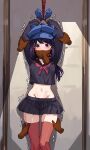  1girl arms_up bakasp-lilzy black_shirt black_skirt blue_gloves blue_hat blush bound bound_arms bound_wrists breasts cappie_(miside) choker clenched_hand commentary crop_top cuffs english_commentary feet_out_of_frame gloves hair_between_eyes hat highres indoors large_variant_set long_hair long_sleeves looking_at_viewer medium_breasts midriff miniskirt miside mita_(miside) motion_lines navel neckerchief newsboy_cap no_panties pleated_skirt purple_eyes purple_hair red_choker red_neckerchief red_thighhighs restrained restraints rope shadow shirt sidelocks skirt solo standing stationary_restraints stomach thighhighs thighs tickle_torture tickling tickling_legs trembling variant_set wrist_cuffs 