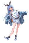  1girl :d animal_ear_hairband animal_ears black_socks blue_hair blue_jacket blue_shoes braid commentary_request denim denim_jacket earrings fake_animal_ears full_body hairband highres hololive hoop_earrings jacket jewelry long_hair long_sleeves looking_at_viewer no_pants off_shoulder open_mouth orange-tinted_eyewear orange_eyes oversized_sweater rabbit_ear_hairband rabbit_ears sa-ya2 shirt shoes short_eyebrows simple_background sleeves_past_fingers sleeves_past_wrists smile sneakers socks solo standing sunglasses sweater thick_eyebrows tinted_eyewear transparent_background usada_pekora very_long_hair virtual_youtuber white_shirt white_sweater 