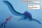 2020 ambiguous_feral ambiguous_gender bikini blonde_hair blue_body clothing dinosaur dorsal_frill duo english_text female female_human feral frill_(anatomy) hair human mammal prehistoric_species reptile saurischian scalie sleinadflar snorkel spinosaurid spinosaurus spinosaurus_aegyptiacus swimming_fins swimwear text theropod two-piece_swimsuit underwater water