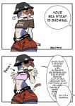 absurd_res anthro artist_name belt bestmaeve blue_body blue_fur bottomwear brown_body brown_fur calico_cat camisole cat_tail cheek_tuft clothing collar colored comic crop_top_lift dialogue digital_drawing_(artwork) digital_media_(artwork) directional_arrow domestic_cat ear_piercing english_text epic_games eyes_closed facial_tuft felid feline felis female flat_chested fortnite fur hat headgear headwear hi_res hip_bone mammal meow_skulls metalhead_meow_skulls multicolored_body multicolored_fur multiple_scenes navel piercing question_mark shorts simple_background skull_belt_buckle solo speech_bubble spiked_collar spikes standing text tuft white_background white_body white_fur yellow_eyes