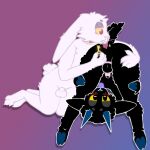 1:1 anthro anus black_body black_fur blush blush_lines bovid caprine chastity_cage chastity_device collar dante_(sillysleepyguy) duo embarrassed flaccid fur genitals goat humanoid lagomorph leporid male male/male mammal penis pink_body pink_fur rabbit raymond_(sillysleepyguy) scut_tail short_tail sillysleepyguy sitting smile tail tongue tongue_out upside_down