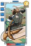 2026 2:3 absurd_res anthro armor belt bottomwear braided_hair brown_body brown_fur brown_hair canid canine canis ceehaz claws clothing day domestic_dog emma_(enigma) female finger_claws fingerless_gloves fur gloves greaves green_eyes hair halberd handwear headgear helmet herding_dog hi_res holding_object holding_weapon humanoid_hands knight looking_at_viewer malinois_dog mammal melee_weapon pants pastoral_dog pauldron plains plantigrade polearm sheepdog smile smiling_at_viewer smirk smirking_at_viewer solo stats stirrup_legwear text vambrace warrior weapon
