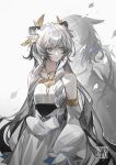  2girls absurdres ambience_synesthesia animal_ear_fluff animal_ears arknights black_hair braid chinese_commentary closed_eyes closed_mouth commentary_request cowboy_shot dress fading grey_hair hair_between_eyes highres hug hug_from_behind jewelry kjera_(arknights) long_hair long_sleeves looking_back multicolored_hair multiple_girls necklace penzai_fengli pramanix_(arknights) pramanix_the_prerita_(arknights) pramanix_the_prerita_(hymn_to_sunbreak)_(arknights) short_hair signature smile snow_leopard_ears snow_leopard_girl twin_braids very_long_hair white_dress 