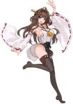  1girl absurdres ahoge bare_shoulders blush boots breasts brown_hair chest_sarashi commentary_request detached_sleeves double_bun hair_bun hairband headgear highres japanese_clothes kantai_collection kinakomochi_(testament05) kongou_(kancolle) kongou_kai_ni_(kancolle) long_hair looking_at_viewer no_panties nontraditional_miko open_mouth purple_eyes ribbon-trimmed_sleeves ribbon_trim sarashi smile solo thigh_boots white_background 