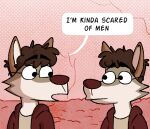2026 anthro brain brown_body brown_fur brown_hair canid canine canis clothing english_text eyewear fur glasses hair hoodie leo_(nardodraws) male male_anthro mammal nardodraws organs pink_background red_clothing red_hoodie red_topwear shirt simple_background talking_to_self text topwear wolf