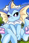 2:3 absurd_res ambiguous_gender aquatic bliss_(image) blue_body curling_toes detailed_background digital_media_(artwork) eeveelution feet feral fish frown generation_1_pokemon grass hi_res krita_(artwork) mane microsoft microsoft_windows nervous nintendo outline paws plant pokemon pokemon_(species) purple_eyes rushthepenguin shaded sitting sky solo spikes tail tan_ears toes vaporeon wet windows_xp worried