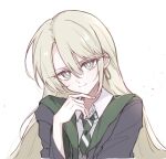  1girl aqua_eyes black_cloak blonde_hair cloak collared_shirt commentary_request diagonal-striped_clothes diagonal-striped_necktie earrings genderswap genderswap_(mtf) green_necktie hair_between_eyes harry_potter_(series) hogwarts_school_uniform hoop_earrings jewelry long_hair looking_at_viewer malfoid necktie school_uniform shirt simple_background solo striped_clothes striped_necktie tuile_galvana upper_body white_background white_shirt wizarding_world 