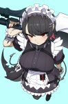  1girl black_hair blue_background blush breasts closed_mouth colored_inner_hair commentary_request dress ellen_joe fins fish_tail frilled_dress frilled_wristband frills hair_ornament hand_up highres holding holding_weapon large_breasts looking_at_viewer maid maid_headdress makino mole mole_under_eye multicolored_hair pink_hair razor_blade_hair_ornament red_eyes red_nails shark_girl shark_tail short_hair simple_background solo tail two-tone_hair v-shaped_eyebrows weapon zenless_zone_zero 