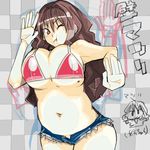  against_glass breast_press breasts breasts_on_glass brown_hair huge_breasts matsuri_(teriyaki) mole mole_on_breast navel original plump shorts solo teriyaki 