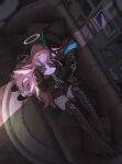  1girl 1other absurdres ambiguous_gender arknights black_boots black_coat black_gloves black_jacket black_shorts boots breasts closed_mouth coat commentary couch detached_wings doctor_(arknights) energy_wings gloves halo highres holding_hands hood hooded_coat interlocked_fingers jacket lace-up_boots lap_pillow lemuen_(arknights) long_hair long_sleeves lying on_couch painting_(object) picture_frame pink_eyes pink_hair short_shorts shorts sitting small_breasts smile thigh_boots traditional_halo wings yoruhh 