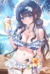  1girl absurdres bare_shoulders beach bikini black_hair blue_bikini blue_eyes blue_sky bracelet breasts charachan900 character-themed_food cherry cleavage closed_mouth cloud collarbone commentary cowboy_shot day drink drinking_straw food frilled_bikini frills fruit haedungi_(shirayuki_hina) hair_rings highres holding holding_drink jewelry large_breasts lens_flare long_hair low_twintails navel on_bench outdoors shell_pendant shirayuki_hina shirayuki_hina_(5th_costume) sky solo stellive swimsuit thigh_strap twintails twitter_username untranslatable_commentary virtual_youtuber wet 