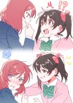  !? 2girls ^^^ black_hair blazer blue_jacket blush bow bowtie cardigan commentary_request diagonal-striped_bow diagonal-striped_bowtie diagonal-striped_clothes green_bow green_bowtie grin hair_bow highres inazuma_(elect_line) jacket looking_at_another love_live! love_live!_school_idol_project multiple_girls nishikino_maki nose_blush open_mouth pink_cardigan purple_eyes red_bow red_eyes red_hair role_reversal shout_lines simple_background smile squiggle striped_bow striped_bowtie striped_clothes teasing twintails v-shaped_eyebrows white_background yazawa_nico yuri 