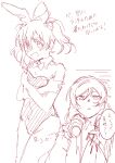  2girls absurdres animal_ears arrow_(symbol) bare_shoulders blush bow bowtie commentary_request cowboy_shot detached_collar embarrassed hair_bow highres holding inazuma_(elect_line) love_live! love_live!_school_idol_project medium_hair monochrome multiple_girls nishikino_maki nose_blush open_mouth playboy_bunny rabbit_ears red_theme sketch speech_bubble traditional_bowtie translation_request twintails yazawa_nico 