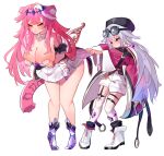  2girls animal_ears blush breasts cleavage clulless cosplay costume_switch gem grey_hair hololive hololive_english koseki_bijou koseki_bijou_(cosplay) large_breasts long_hair metal_wings multicolored_hair multiple_girls panther_ears panther_girl pink_hair purple_eyes purple_gem purple_hair raora_panthera raora_panthera_(cosplay) simple_background streaked_hair tail undersized_clothes virtual_youtuber 
