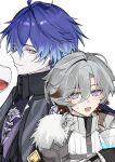  2boys alcohol antenna_hair aoaoahohoc black_gloves black_jacket blue_hair blush brown_hair closed_mouth collared_jacket commentary_request cup drinking_glass earrings empty_eyes flins_(genshin_impact) fur-trimmed_jacket fur_trim genshin_impact gloves gradient_hair grey_hair grey_jacket hair_between_eyes height_difference highres holding holding_cup illuga_(genshin_impact) jacket jewelry long_hair looking_at_another looking_at_viewer male_focus mole mole_under_eye multicolored_hair multiple_boys open_clothes open_jacket open_mouth pale_skin purple_eyes red_pupils short_hair simple_background single_earring smile sweater turtleneck turtleneck_sweater two-tone_hair upper_body very_long_hair white_background white_sweater wine wine_glass yellow_eyes 