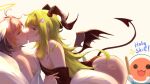  2girls ahoge angel_and_devil black_dress blue_eyes blush breast_press breasts brown_hair commentary demon_horns demon_wings dress english_commentary green_hair h3p0 hair_ornament halo head_wings highres holding_hands horns interlocked_fingers kiss long_hair mocha_(osu!) multicolored_hair multiple_girls osu! pink_hair pippi_(osu!) simple_background star_(symbol) star_hair_ornament symmetrical_docking two-tone_hair white_background white_dress wings yuri 