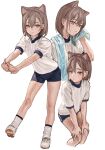  1girl animal_ears blue_shorts blue_trim bob_cut brown_hair cat_ears cat_girl chinese_commentary closed_mouth commentary_request cropped_legs cropped_torso facing_viewer gym_uniform h2o_pipe hair_behind_ear hair_between_eyes hands_on_own_knees highres interlocked_fingers invisible_floor light_blush looking_at_viewer looking_to_the_side multiple_views original outstretched_arms partial_squatting ribbed_socks shirt shoes short_shorts short_sleeves shorts simple_background slit_pupils socks sportswear standing standing_on_one_leg stretching towel towel_around_neck white_background white_shirt white_shoes white_socks wiping yellow_eyes 