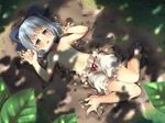  bad_id bad_pixiv_id bloomers blue_hair cirno commentary_request dappled_sunlight flat_chest from_above lying maki_(natoriumu) melting on_back ribbon shade short_hair solo sunlight topless touhou underwear 