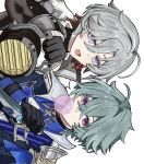  2boys ahoge aoaoahohoc armor black_choker black_gloves black_jacket black_shirt blowing_bubble_gum blue_eyes blue_shirt bright_pupils brown_hair brown_jacket cape chewing_gum choker closed_mouth collared_shirt crossed_bangs dagger earrings empty_eyes furry furry_male genshin_impact gloves gradient_hair green_hair grey_hair hair_between_eyes hand_up highres holding holding_dagger holding_knife holding_lantern holding_weapon illuga_(genshin_impact) jacket jewelry knife lantern lapels lohen_(genshin_impact) long_sleeves looking_at_viewer male_focus mole mole_under_eye multicolored_hair multiple_boys open_clothes open_jacket open_mouth pink_eyes puffy_long_sleeves puffy_sleeves purple_cape shirt short_hair shoulder_armor simple_background single_earring smile striped_cape sweater turtleneck turtleneck_shirt turtleneck_sweater two-tone_hair upper_body weapon white_background white_pupils white_sweater 