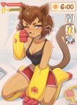  1girl absurdres animal_ears animal_nose artist_name blush body_fur breasts brown_fur brown_hair cat_ears cat_girl cat_tail cleavage closed_mouth collarbone commentary english_commentary fensu-san furry furry_female gameoverse goggles highres kaboodle_(gameoverse) kit_bodega looking_at_viewer medium_breasts one_eye_closed red_eyes red_shorts short_hair shorts sitting snout solo tail thighs unworn_goggles whiskers 