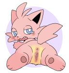 2026 3_toes 4_fingers absurd_res anthro anus biped black_inner_ear black_nose blue_eyes blush blush_lines bodily_fluids cattiva cheek_tuft digital_drawing_(artwork) digital_media_(artwork) facial_tuft feet felid female female_anthro fingers fur genitals hi_res humanoid_genitalia humanoid_vulva looking_at_viewer looking_back looking_back_at_viewer lying mammal multicolored_body multicolored_fur narrowed_eyes nude nude_anthro nude_female on_front open_mouth orange_body orange_fur pal_(species) palworld pink_anus pink_body pink_fur pink_tail pocketpair pointy_ears prick_ears pu_sukebe purple_background simple_background solo tail tears teeth toes tuft two_tone_body two_tone_fur vulva white_background