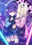  2girls absurdres blonde_hair blue_dress bow center-flap_bangs collar demon_horns demon_tail demon_wings dress dress_bow finger_to_own_chin flower frilled_collar frills gakuen_idolmaster grin hair_flower hair_ornament hairclip hand_to_own_mouth heart highres holding_hands horns idolmaster interlocked_fingers kirizuki_reika kneeling light_smile looking_at_viewer multiple_girls multiple_hairclips neon_lights parted_lips pink_dress purple_eyes purple_hair red_eyes shinosawa_hiro smile tail teeth wings 