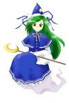  1girl akyuu's_untouched_score arioto blue_capelet blue_dress blue_hat blush_stickers buttons capelet commentary_request dress frilled_dress frills ghost ghost_tail green_eyes green_hair hat highres holding holding_staff long_hair looking_at_viewer mima_(touhou) ribbon shirt simple_background solo staff star_(symbol) star_print touhou touhou_(pc-98) white_background white_shirt wizard_hat yellow_ribbon zun_(style) 