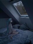  1girl :| absurdres alternate_costume aqua_eyes aqua_hair bare_legs barefoot bed bed_sheet between_legs closed_mouth commentary dawn dolphin_shorts expressionless hand_between_own_legs hatsune_miku highres indoors long_hair looking_outside looking_up muted_colors on_bed photo_background pillow pink_shorts seoli shirt short_sleeves shorts sitting solo t-shirt twintails very_long_hair vocaloid wariza white_shirt window 