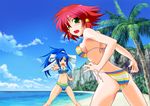  aoi_mizuha bikini blue_eyes blue_hair butt_crack green_eyes multiple_girls ponytail quiz_magic_academy red_hair ruquia short_hair swimsuit untied wardrobe_malfunction yuri_(quiz_magic_academy) 