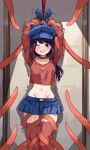  1girl arms_up bakasp-lilzy blue_gloves blue_hat blue_skirt blush bound bound_arms bound_wrists breasts cappie_(miside) choker clenched_hand commentary crop_top cuffs english_commentary feet_out_of_frame gloves hair_between_eyes hat highres indoors large_variant_set long_hair long_sleeves looking_at_viewer medium_breasts midriff miniskirt miside mita_(miside) motion_lines navel newsboy_cap no_panties one_eye_closed open_mouth pleated_skirt purple_eyes purple_hair red_choker red_shirt red_thighhighs restrained restraints rope shadow shirt sidelocks skirt smile solo standing stationary_restraints stomach teeth tentacles thighhighs thighs tickle_torture tickling tickling_legs trembling variant_set wrist_cuffs 