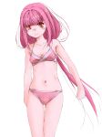  1girl ass_visible_through_thighs bikini blunt_bangs breasts cleavage commentary_request highres looking_at_viewer low_ponytail magia_record:_mahou_shoujo_madoka_magica_gaiden mahou_shoujo_madoka_magica marutaya medium_breasts orange_eyes pink_bikini pink_hair ponytail simple_background solo standing swimsuit tamaki_iroha thigh_gap white_background 