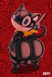 absurd_res anthro atlus balls_outline big_butt black_body black_ears black_tail blue_eyes bubble_butt bulge butt butt_squish countershading detailed_bulge dipstick_tail domestic_cat epic_games felid feline felis fortnite genital_outline grin gun hand_on_butt handgun hi_res huge_butt inner_ear_fluff kerchief kiffy_(artist) long_tail male mammal markings megami_tensei morgana_(persona) neckerchief neckwear one_eye_closed persona_(series) persona_5 pupils ranged_weapon rear_view revolver sega smile solo squish standing tail tail_markings thick_thighs tuft weapon white_body white_countershading white_inner_ear white_tail