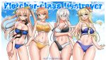  4girls absurdres ahoge ass_visible_through_thighs bikini black_bikini black_gloves black_neckerchief blonde_hair blue_bikini blue_eyes breasts brown_eyes brown_hair choker cleavage dated double_bun fletcher_(kancolle) fletcher_mk_ii_(kancolle) fletcher_mk_ii_(swimsuit)_(kancolle) flipped_hair flower folded_hair foreshortening glasses gloves green_eyes grey_hair hair_between_eyes hair_bun hair_flower hair_ornament hair_ribbon heywood_l._edwards_(kancolle) heywood_l._edwards_(swimsuit)_(kancolle) highres johnston_(kancolle) johnston_kai_(swimsuit)_(kancolle) kantai_collection katou_shinobu large_breasts layered_bikini long_hair looking_at_viewer multi-strapped_bikini_bottom multicolored_bikini multiple_girls navel neckerchief official_alternate_costume one-hour_drawing_challenge open_mouth orange_bikini ribbon richard_p._leary_(kancolle) richard_p._leary_(swimsuit)_(kancolle) richard_p._leary_kai_(kancolle) round_teeth sailor_bikini sailor_collar ship_class_reunion short_hair siblings single_glove sisters smile standing star_(symbol) star_choker swimsuit teeth thigh_gap twitter_username two-tone_bikini two_side_up upper_teeth_only very_long_hair white_bikini white_choker white_sailor_collar yellow_eyes yellow_neckerchief 