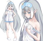  1girl absurdres ahoge bare_arms blue_eyes blush closed_mouth collarbone commentary dress female_tyrant_(pajamas)_(stella_sora) female_tyrant_(stella_sora) full_body grey_hair hand_on_own_chest hands_on_own_chest heart highres jewelry key key_necklace long_hair looking_at_viewer mask mask_on_head mer_lynn necklace official_alternate_costume open_mouth sidelocks simple_background sleep_mask smile solo speech_bubble spoken_heart stella_sora tyrant_(stella_sora) upper_body white_background white_dress 