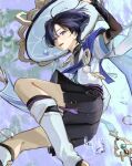  1boy aqua_gem armor belt black_belt black_bodysuit black_bridal_gauntlets black_hair black_shorts blue_cape blue_kimono blue_sleeves blunt_ends bodysuit bridal_gauntlets cape eyeliner feathers from_below furisode gem genshin_impact gold hakama hakama_shorts hand_up hat highres itogens japanese_armor japanese_clothes jingasa juban kimono kote kurokote layered_sleeves leg_warmers looking_at_viewer makeup male_focus mandarin_collar open_clothes open_kimono open_mouth outdoors pleated_shorts pom_pom_(clothes) purple_eyes purple_rope purple_sash red_eyeliner rope sash scaramouche_(genshin_impact) short_sleeves shorts side_cape solo tassel teeth tsurime upper_teeth_only wanderer_(genshin_impact) water water_drop waterfall white_hat white_kimono white_leg_warmers white_sleeves yellow_feathers 