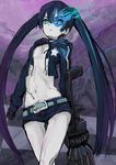  arm_cannon bikini_top black_hair black_rock_shooter black_rock_shooter_(character) blue_eyes glowing glowing_eyes hogi long_hair navel open_clothes pale_skin scar shorts solo star twintails weapon 