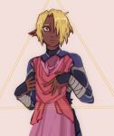  1girl alternate_skin_color androgynous blue_bodysuit bodysuit commentary dark-skinned_female dark_skin darkened_skin dress english_commentary frown gathoscorner hair_over_one_eye highres holding holding_unworn_clothes holding_unworn_dress inktober pointy_ears sheik short_hair solo the_legend_of_zelda the_legend_of_zelda:_ocarina_of_time triangle unworn_dress upper_body very_dark_skin 