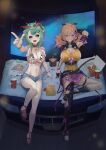  2girls absurdres animal_ears animal_print bell bikini black_sclera blonde_hair blue_eyes blue_shorts breasts car chips_(food) cleavage colored_sclera commentary cow_ears cow_girl cow_horns cow_print cow_print_bikini cow_tail cowbell crelly crelly_(cowkini) cyborg dark-skinned_female dark_skin donut food green_hair grey_sclera heterochromia highres horns indie_virtual_youtuber koko_d._nuts large_breasts leotard long_hair mechanical_arms mismatched_sclera mole mole_on_breast mole_under_mouth monkey_ears monkey_girl monkey_tail motor_vehicle multicolored_hair multiple_girls on_car one_side_up open_mouth pink_eyes pink_hair pink_skirt popsicle_hair_ornament print_bikini red-tinted_eyewear red_eyes shirt shooting_star short_hair shorts sideboob single_mechanical_arm skirt smile stirrup_legwear swimsuit tail tied_shirt tinted_eyewear toeless_legwear trugsytory twintails untranslatable_commentary virtual_youtuber yellow_leotard yuri 