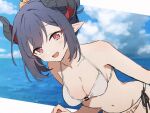  1girl :d bare_shoulders bikini black_hair black_horns blue_archive blurry blurry_background blush breasts bright_pupils chiaki_(blue_archive) chiaki_(swimsuit)_(blue_archive) cleavage collarbone commentary cowboy_shot curved_horns day demon_girl demon_horns dutch_angle hair_between_eyes hair_bun hair_ornament hair_scrunchie halterneck horns k4lmy looking_at_viewer medium_breasts navel ocean official_alternate_costume official_alternate_hairstyle open_mouth outdoors pointy_ears red_eyes scrunchie side-tie_bikini_bottom sidelocks single_hair_bun smile solo stomach swimsuit white_bikini white_pupils yellow_scrunchie 